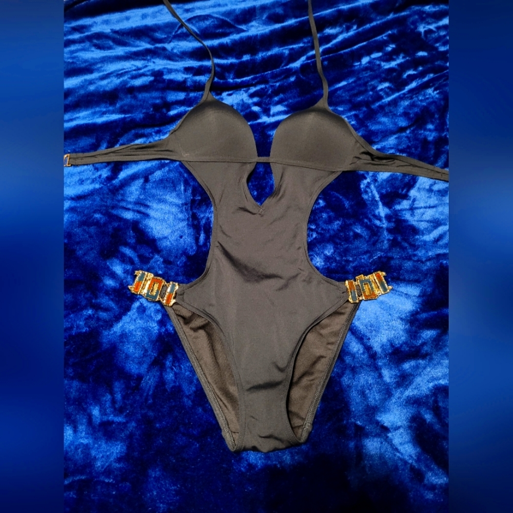 Victoria's Secret one piece monikini black swimsuit cut out chain Size S